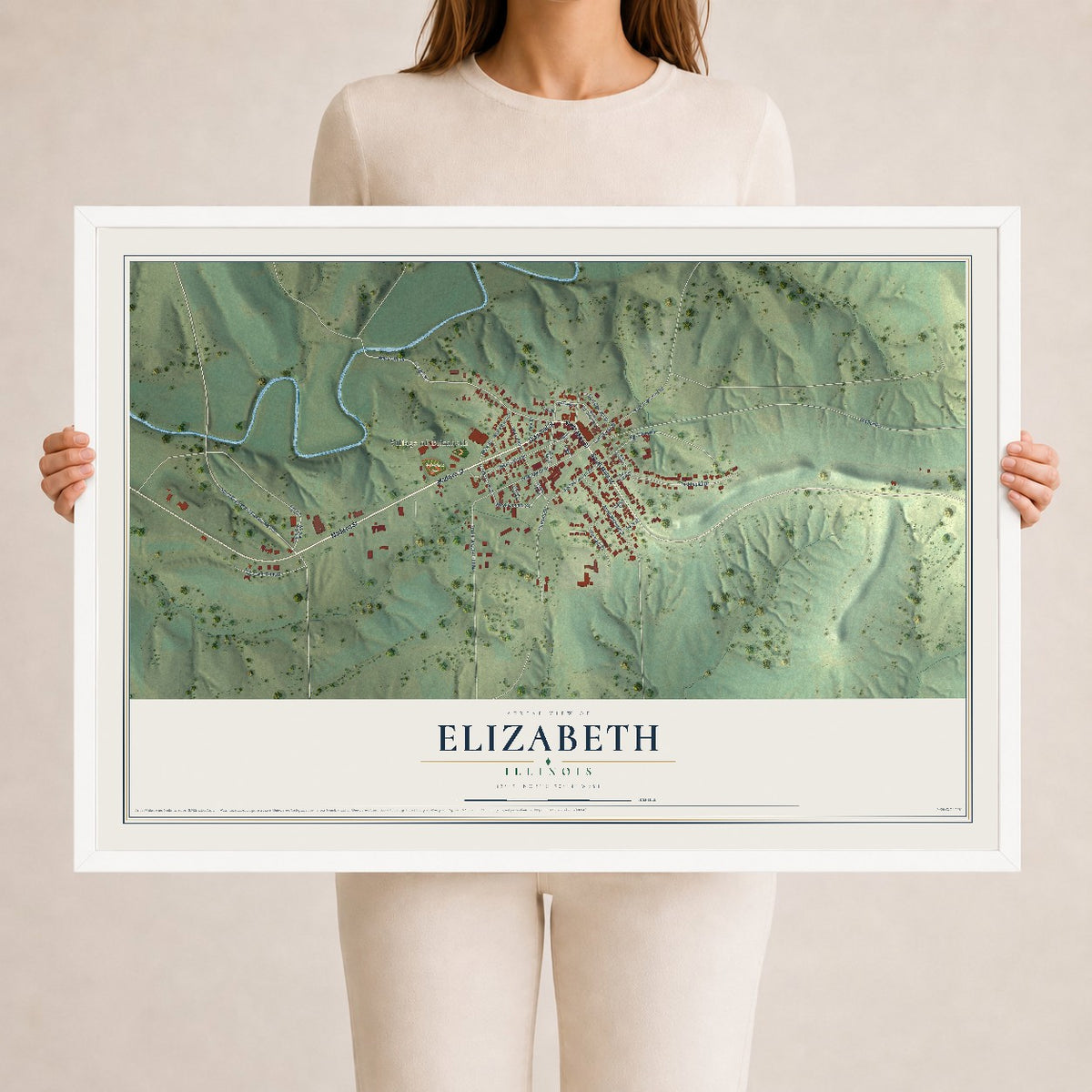 Map of Elizabeth, Illinois, 24 x 36 inch print in a white wood frame