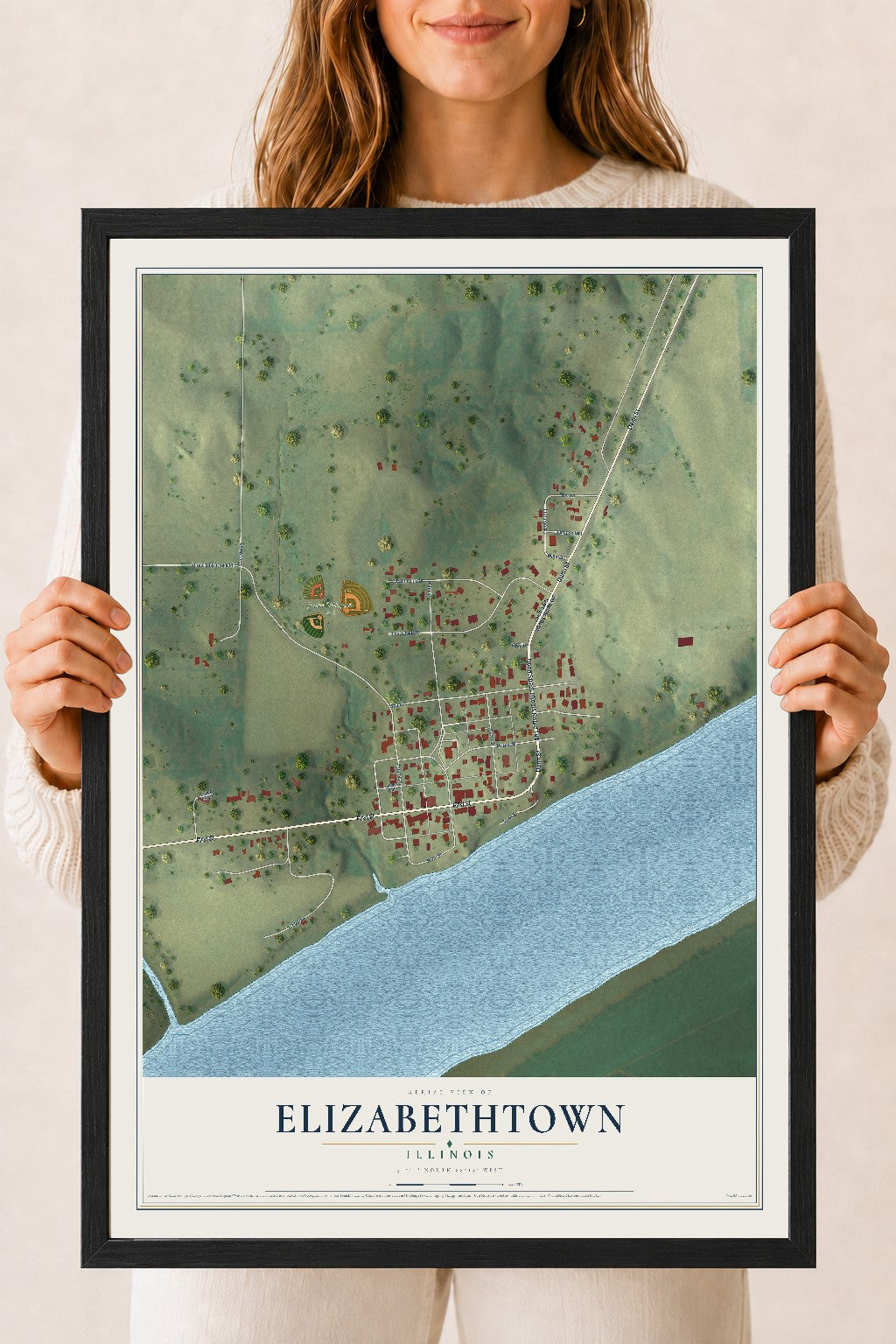 Map of Elizabethtown, Illinois, 18 x 24 inch print in a black wood frame