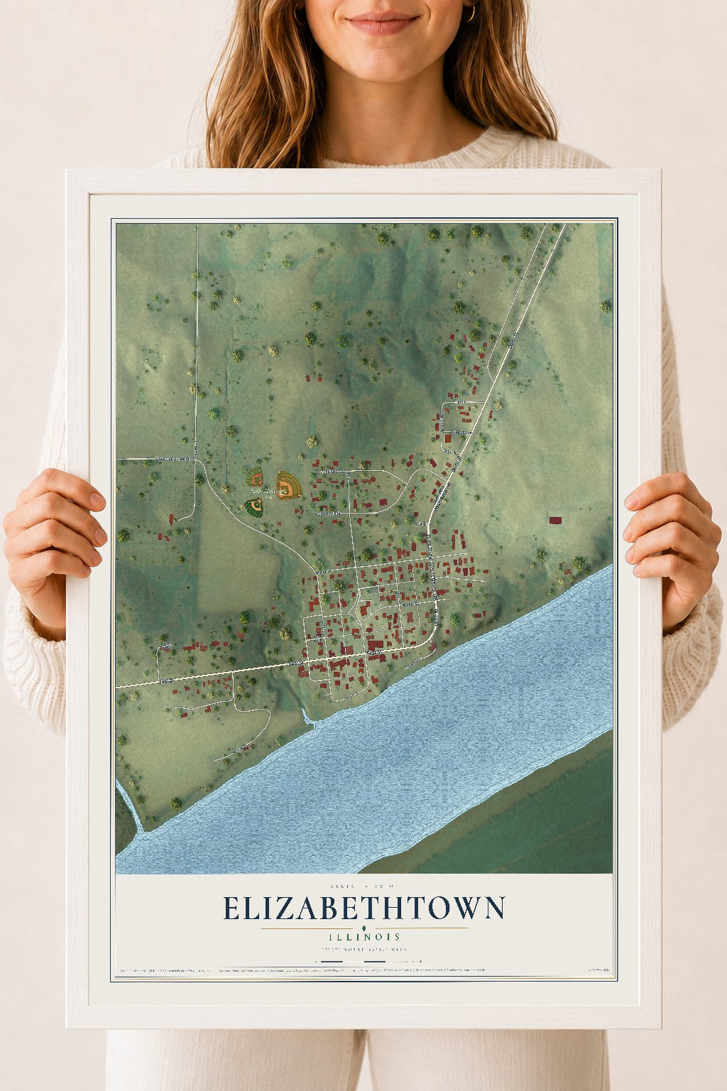 Map of Elizabethtown, Illinois, 18 x 24 inch print in a white wood frame