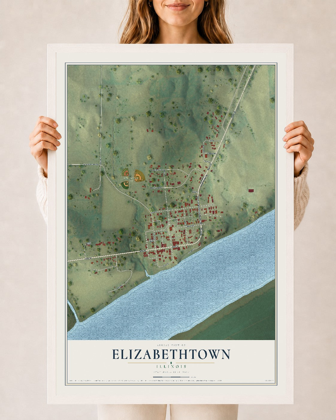 Map of Elizabethtown, Illinois, 24 x 36 inch print in a white wood frame