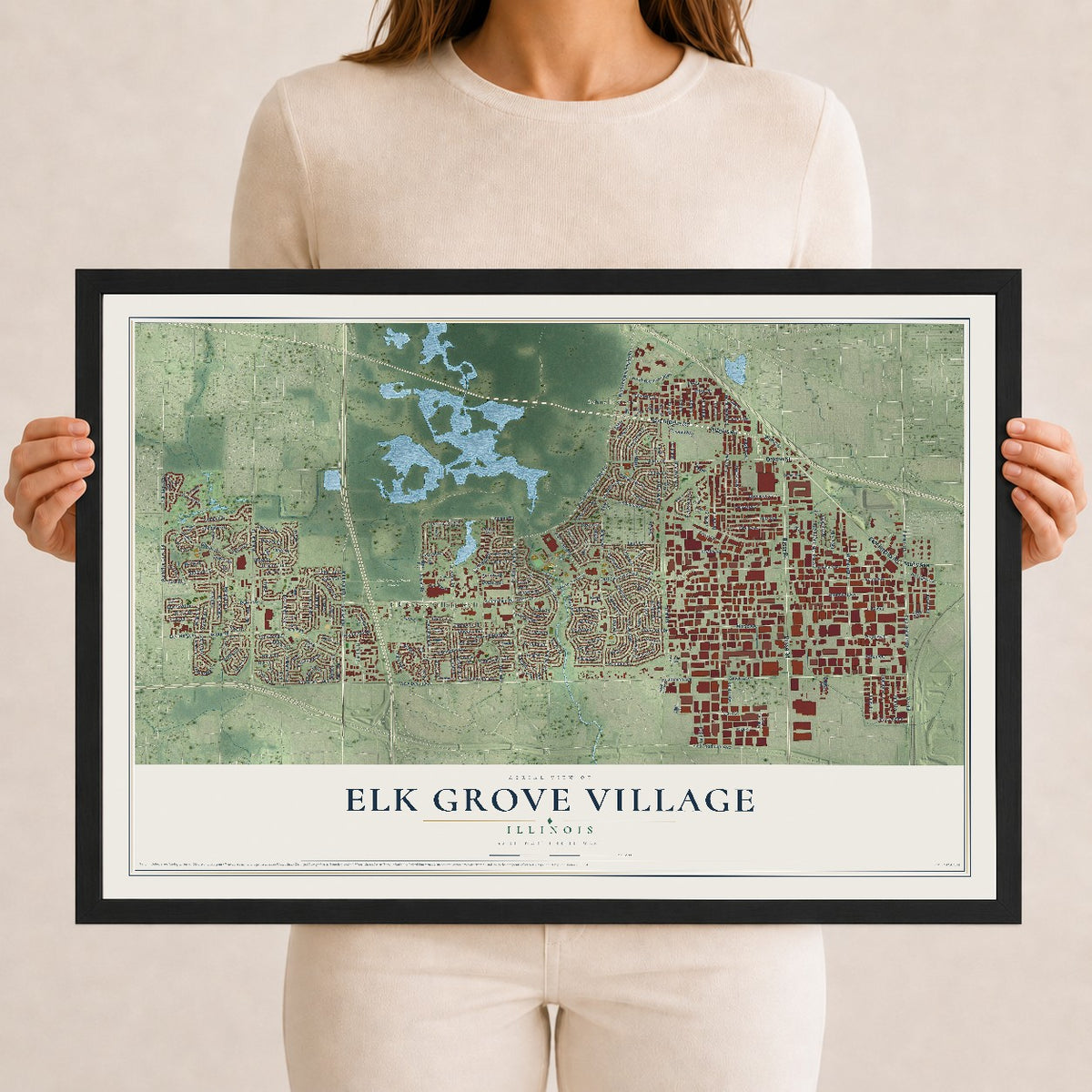 Map of Elk Grove Village, Illinois, 12 x 18 inch print in a black wood frame