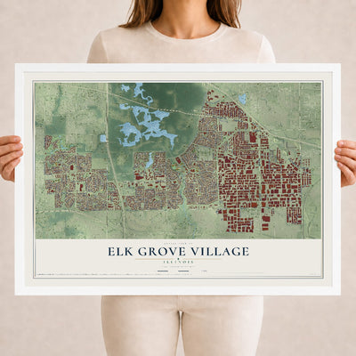 Map of Elk Grove Village, Illinois, 18 x 24 inch print in a white wood frame