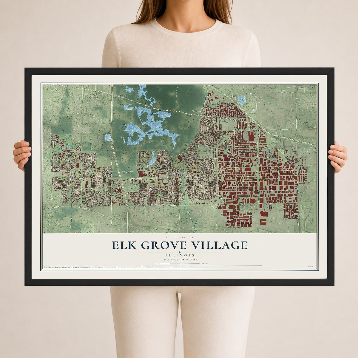 Map of Elk Grove Village, Illinois, 24 x 36 inch print in a black wood frame