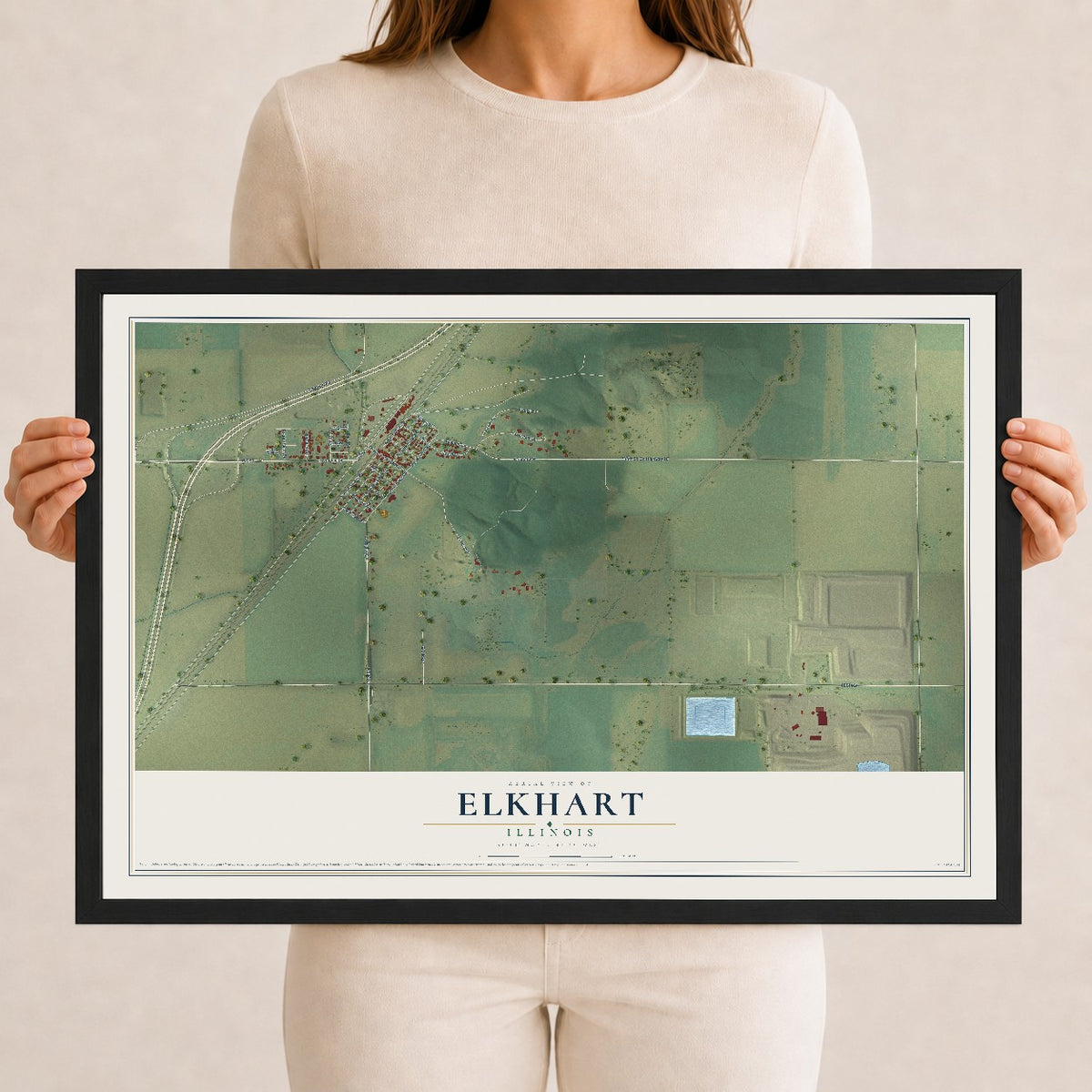 Map of Elkhart, Illinois, 12 x 18 inch print in a black wood frame