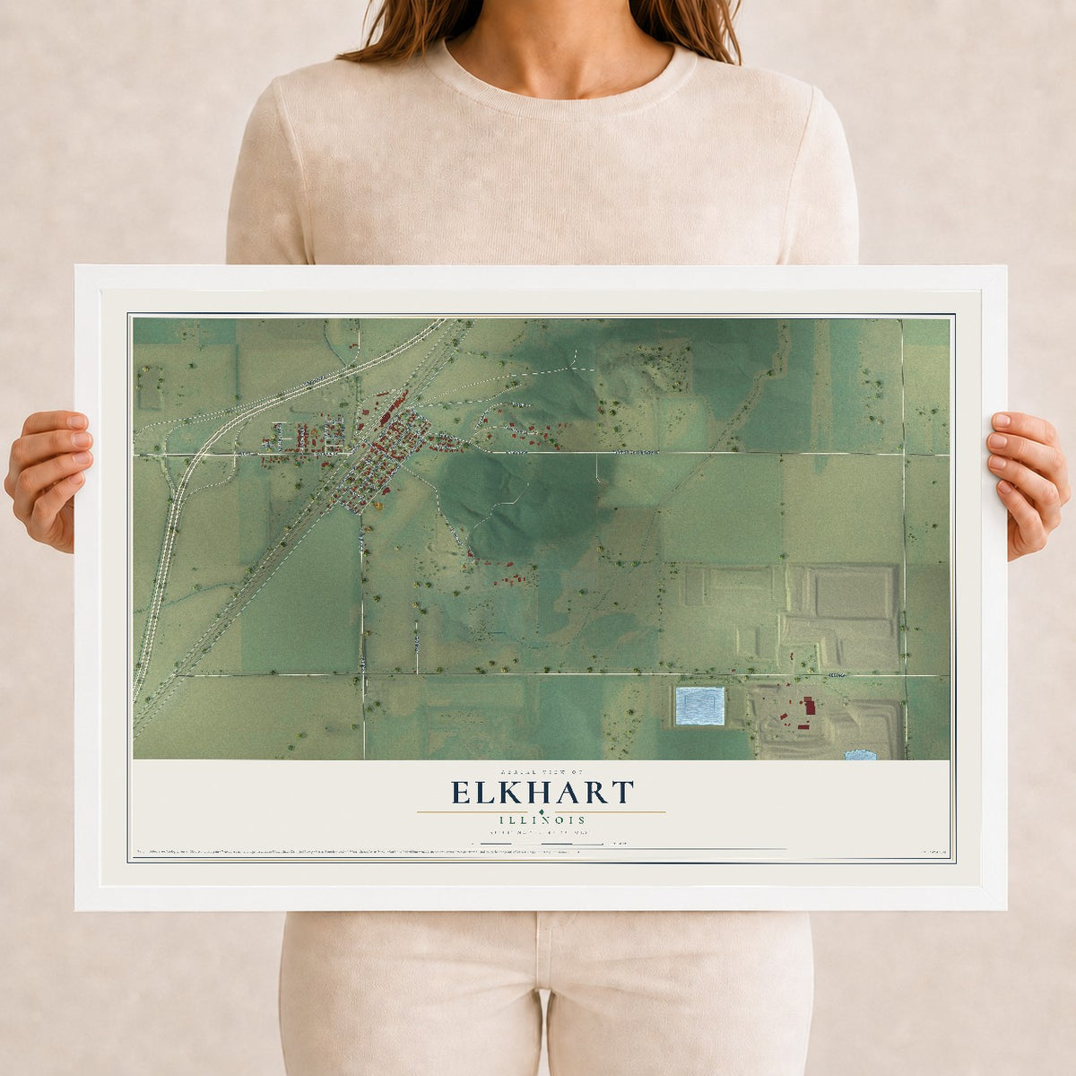 Map of Elkhart, Illinois, 12 x 18 inch print in a white wood frame