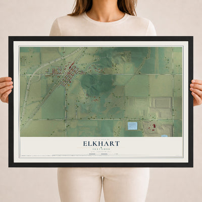 Map of Elkhart, Illinois, 18 x 24 inch print in a black wood frame
