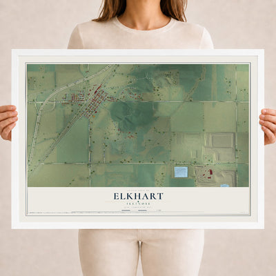 Map of Elkhart, Illinois, 18 x 24 inch print in a white wood frame