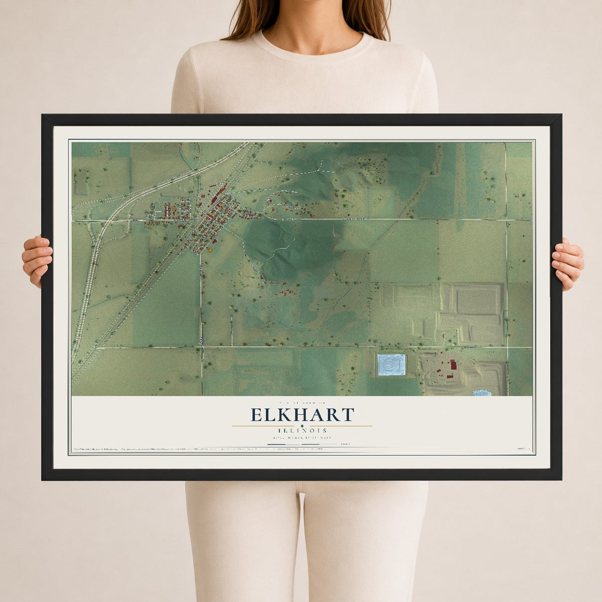 Map of Elkhart, Illinois, 24 x 36 inch print in a black wood frame