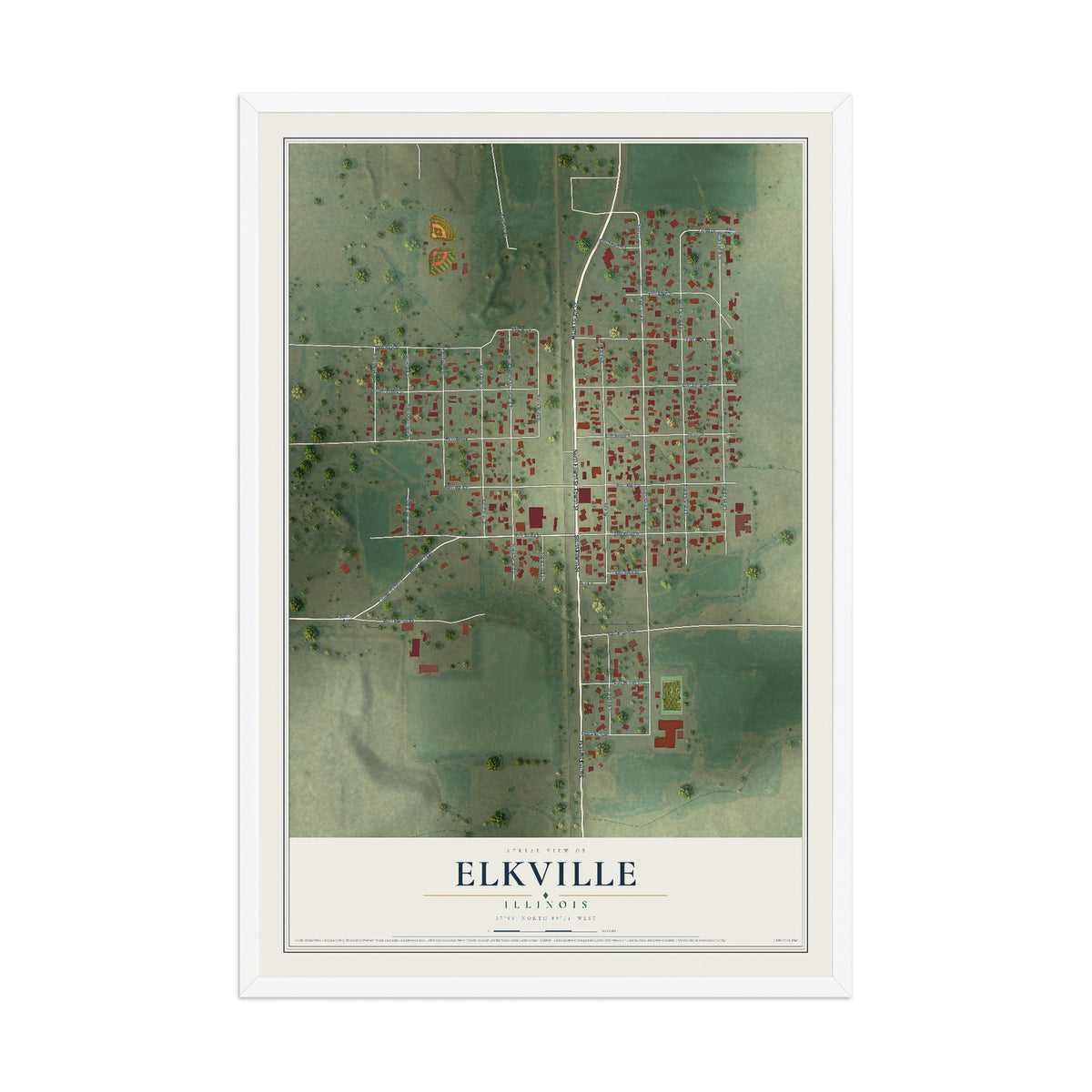 Map of Elkville, Illinois, 12 x 18 inch print in a white wood frame