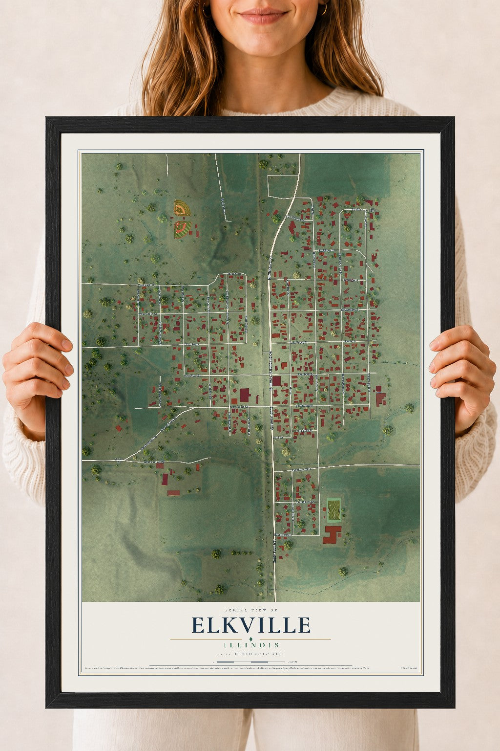 Map of Elkville, Illinois, 18 x 24 inch print in a black wood frame