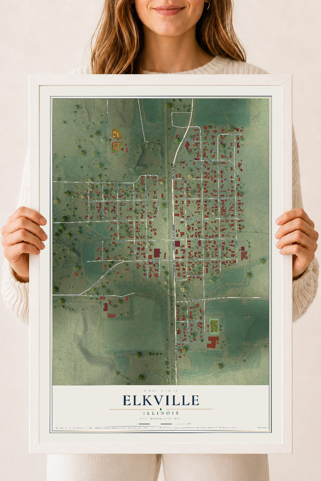 Map of Elkville, Illinois, 18 x 24 inch print in a white wood frame