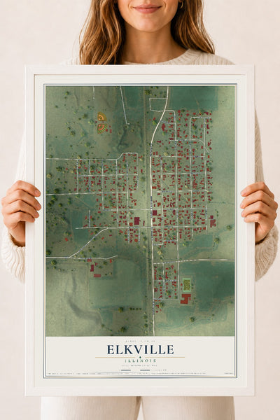 Map of Elkville, Illinois, 18 x 24 inch print in a white wood frame