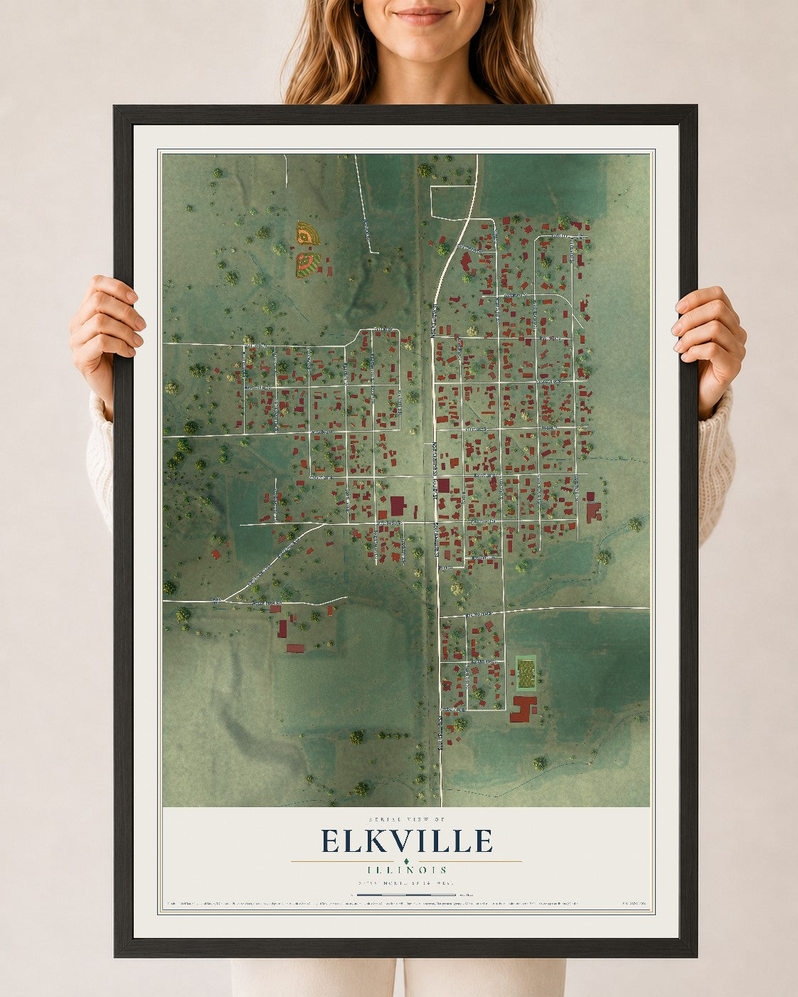 Map of Elkville, Illinois, 24 x 36 inch print in a black wood frame