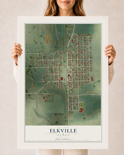 Map of Elkville, Illinois, 24 x 36 inch print in a white wood frame