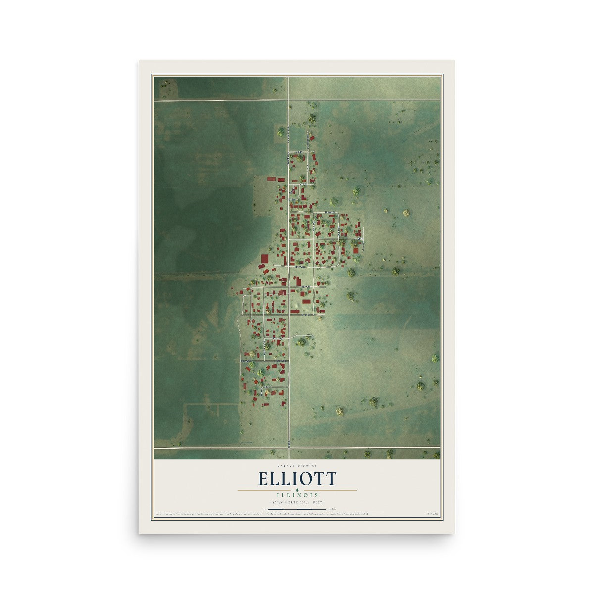 Map of Elliott, Illinois, 12 x 18 inch unframed archival matte print