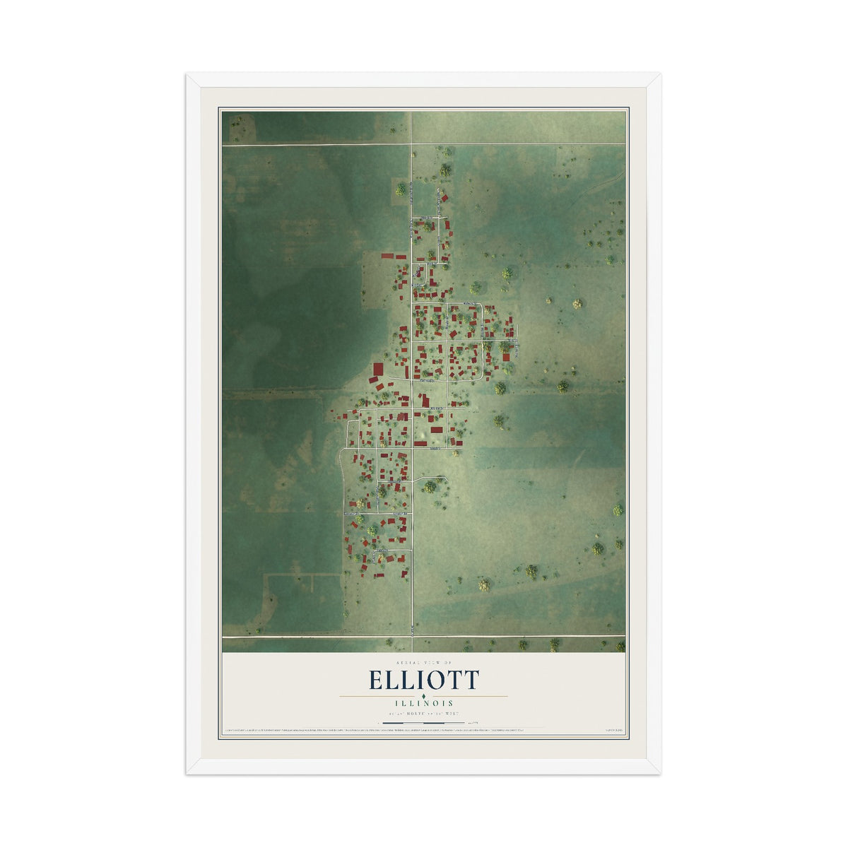 Map of Elliott, Illinois, 12 x 18 inch print in a white wood frame