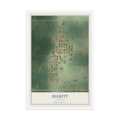 Map of Elliott, Illinois, 12 x 18 inch print in a white wood frame