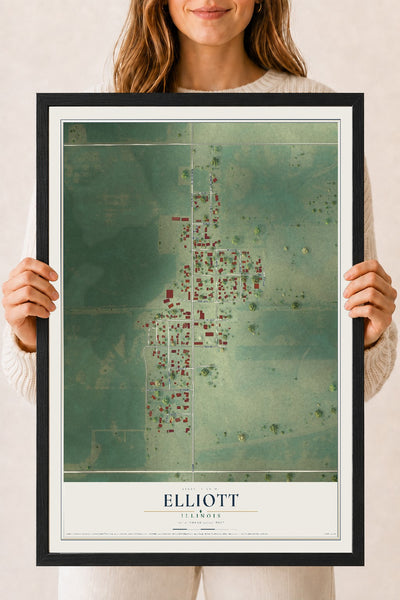 Map of Elliott, Illinois, 18 x 24 inch print in a black wood frame