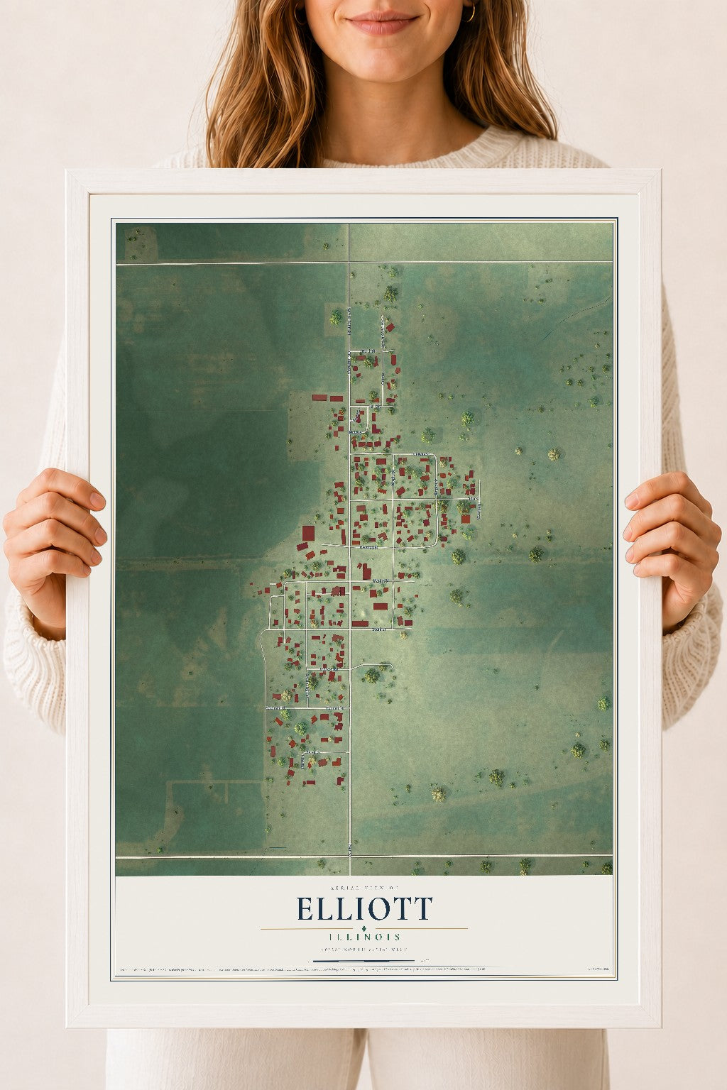 Map of Elliott, Illinois, 18 x 24 inch print in a white wood frame