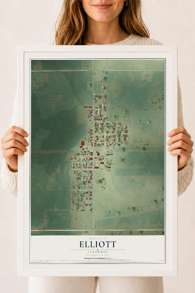 Map of Elliott, Illinois, 18 x 24 inch print in a white wood frame