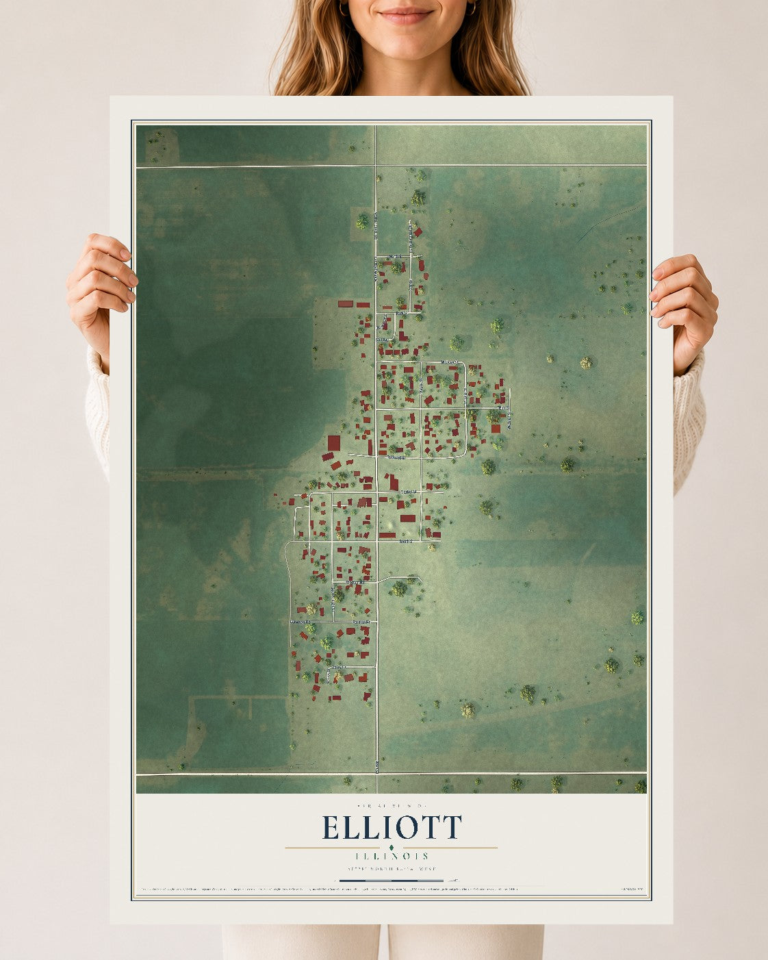 Map of Elliott, Illinois, 24 x 36 inch unframed archival matte print