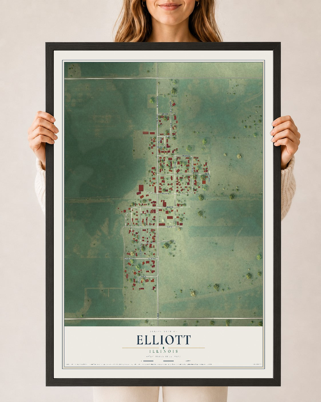 Map of Elliott, Illinois, 24 x 36 inch print in a black wood frame