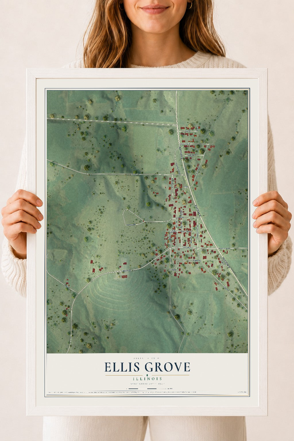 Map of Ellis Grove, Illinois, 18 x 24 inch print in a white wood frame