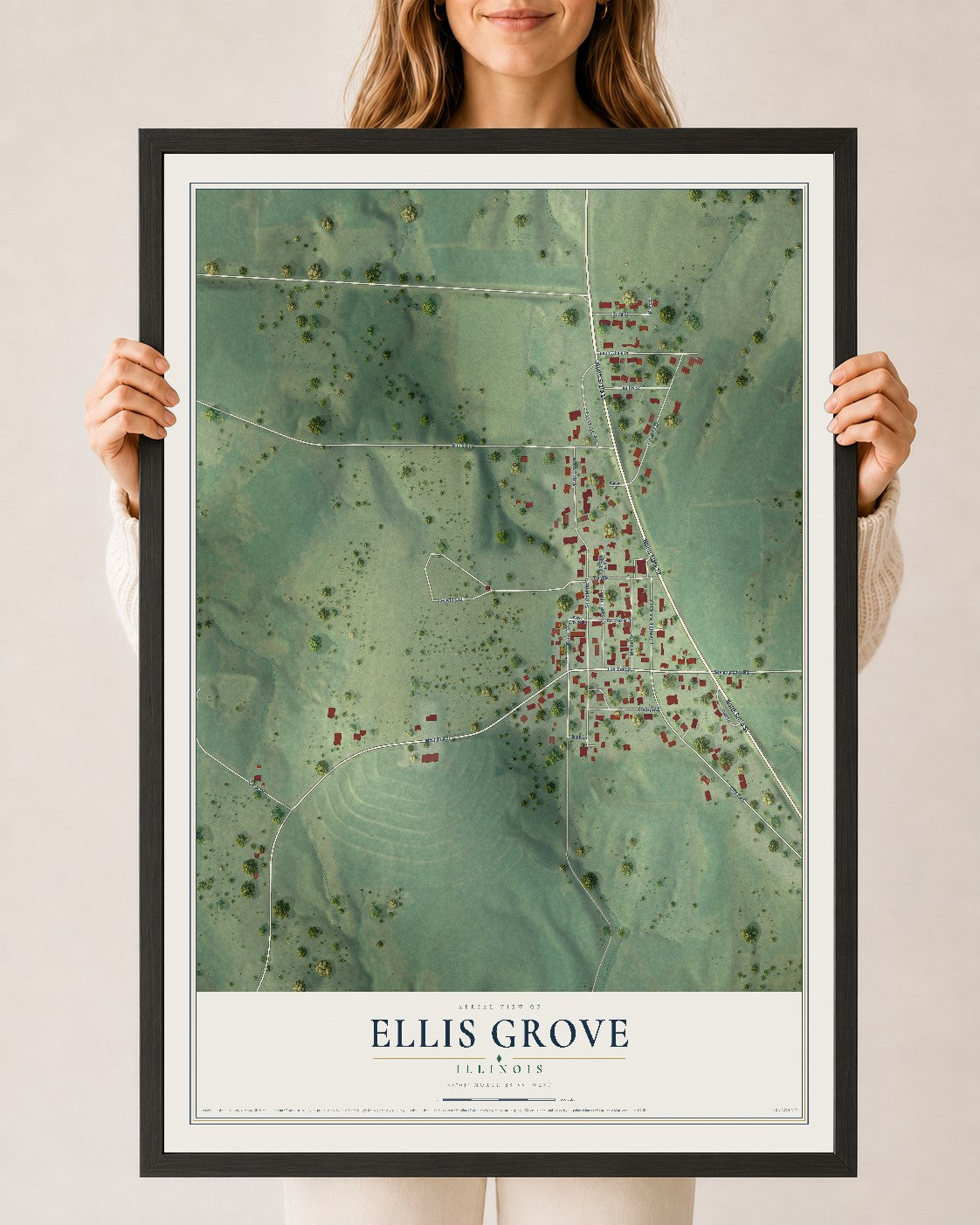 Map of Ellis Grove, Illinois, 24 x 36 inch print in a black wood frame