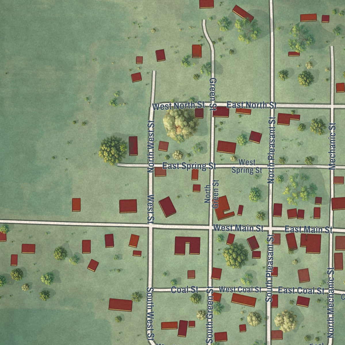 Close-up of the map of Ellisville, Illinois print showing street and building detail