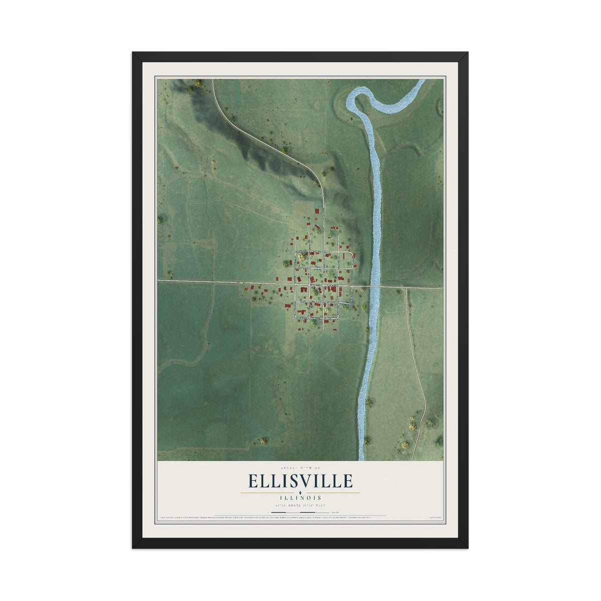 Map of Ellisville, Illinois, 12 x 18 inch print in a black wood frame