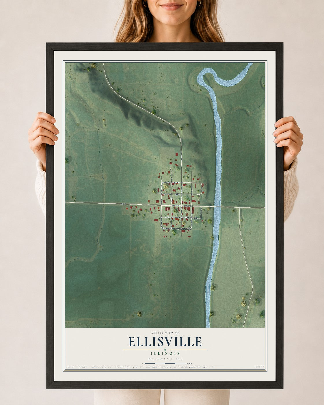 Map of Ellisville, Illinois, 24 x 36 inch print in a black wood frame