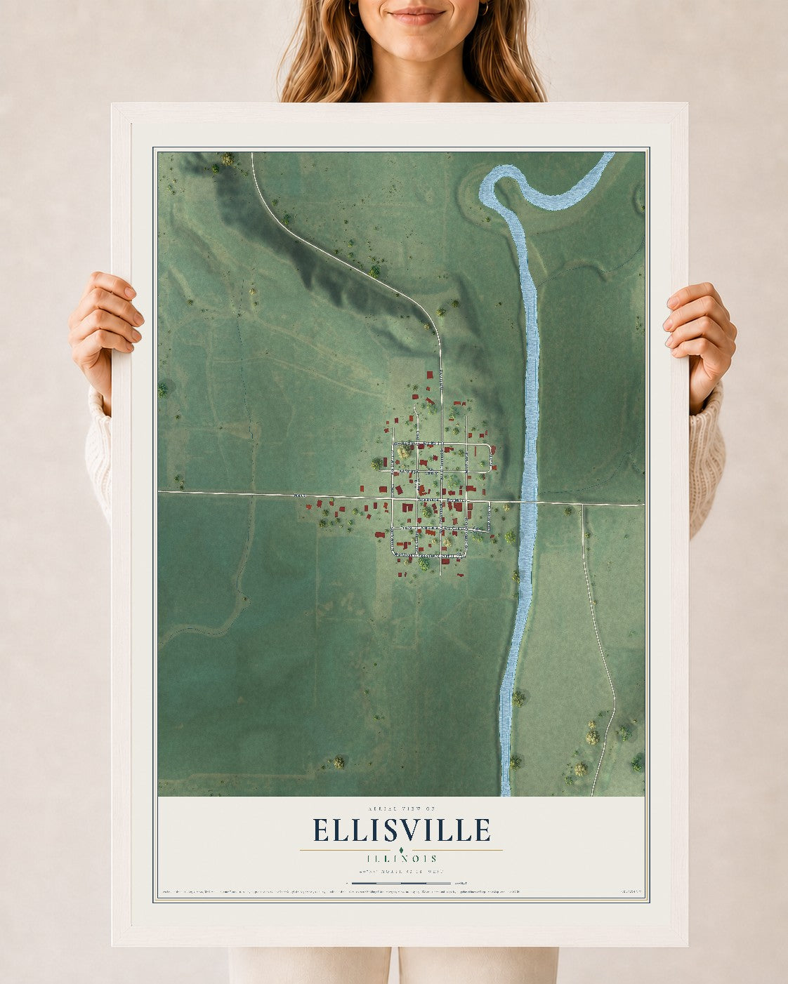 Map of Ellisville, Illinois, 24 x 36 inch print in a white wood frame
