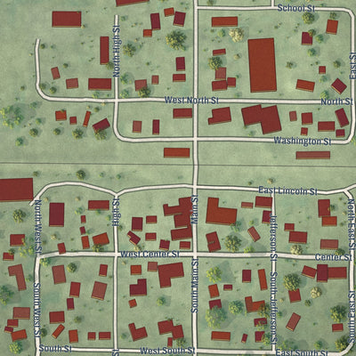 Close-up of the map of Ellsworth, Illinois print showing street and building detail