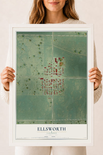 Map of Ellsworth, Illinois, 18 x 24 inch print in a white wood frame