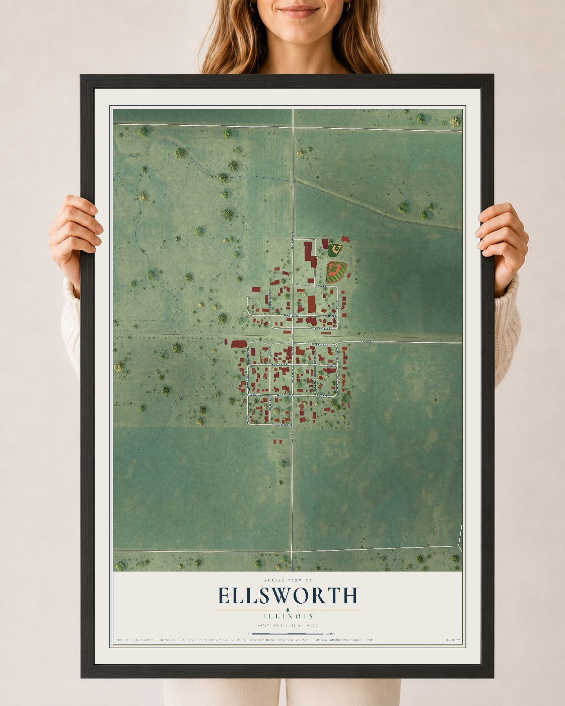 Map of Ellsworth, Illinois, 24 x 36 inch print in a black wood frame
