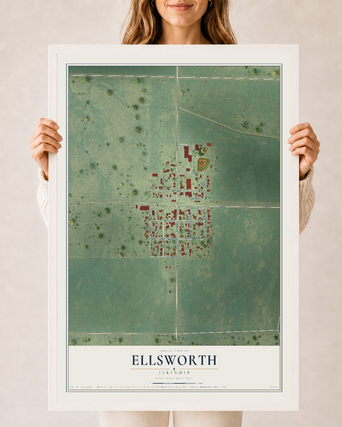 Map of Ellsworth, Illinois, 24 x 36 inch print in a white wood frame