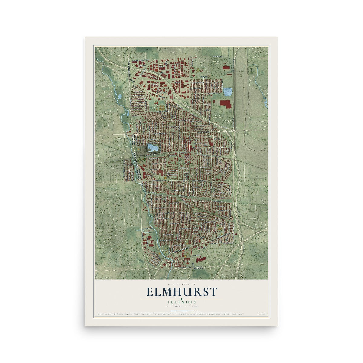 Map of Elmhurst, Illinois, 12 x 18 inch unframed archival matte print