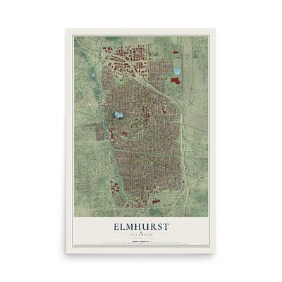 Map of Elmhurst, Illinois, 12 x 18 inch unframed archival matte print