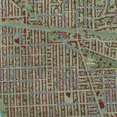 Close-up of the map of Elmhurst, Illinois print showing street and building detail