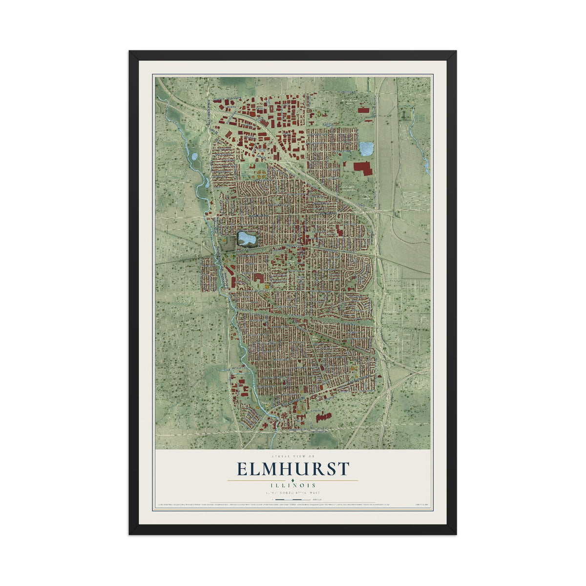 Map of Elmhurst, Illinois, 12 x 18 inch print in a black wood frame