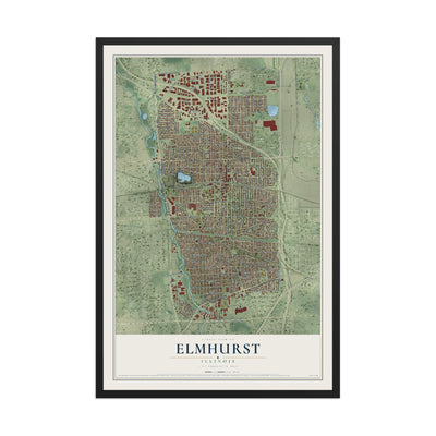 Map of Elmhurst, Illinois, 12 x 18 inch print in a black wood frame