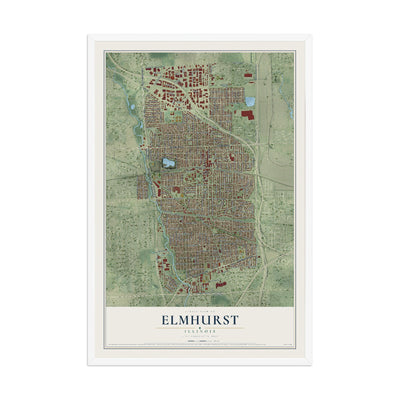 Map of Elmhurst, Illinois, 12 x 18 inch print in a white wood frame