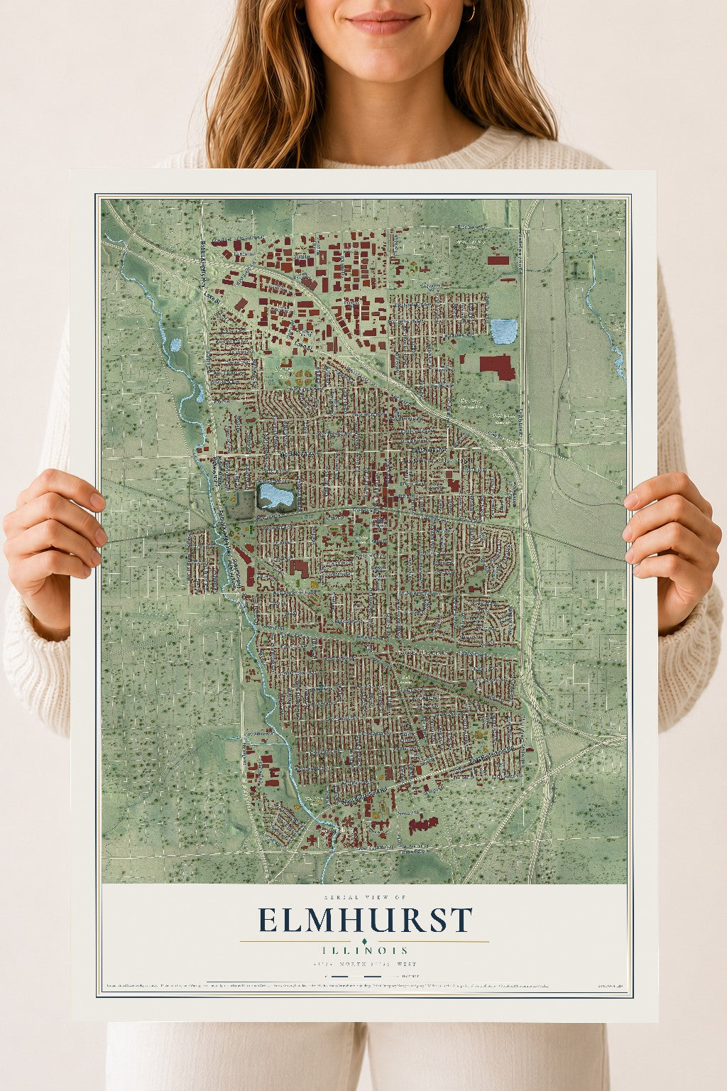 Map of Elmhurst, Illinois, 18 x 24 inch unframed archival matte print