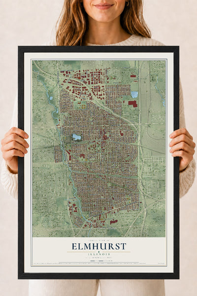 Map of Elmhurst, Illinois, 18 x 24 inch print in a black wood frame