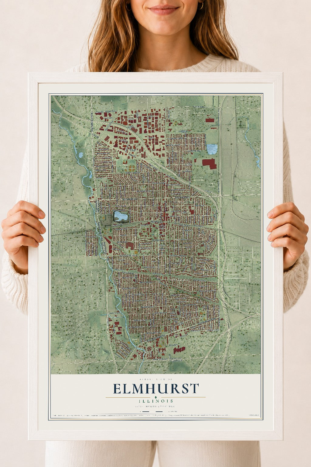 Map of Elmhurst, Illinois, 18 x 24 inch print in a white wood frame