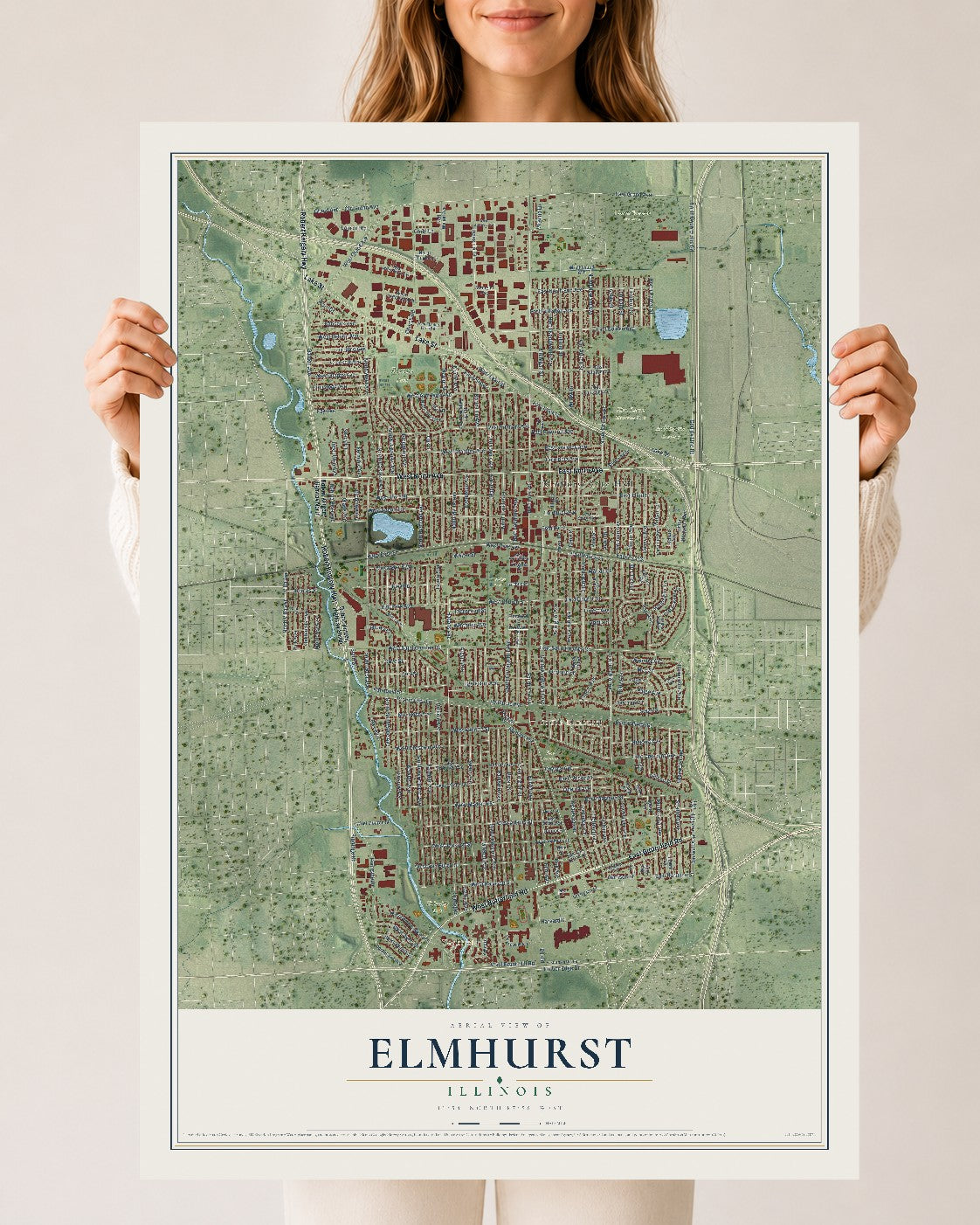 Map of Elmhurst, Illinois, 24 x 36 inch unframed archival matte print