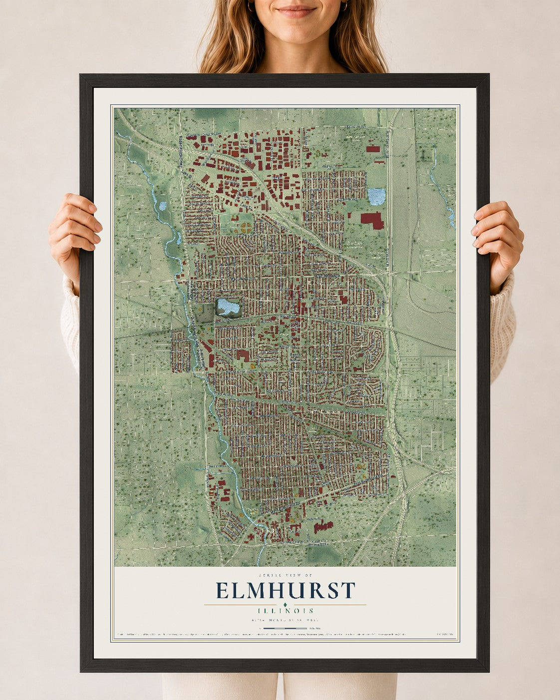 Map of Elmhurst, Illinois, 24 x 36 inch print in a black wood frame