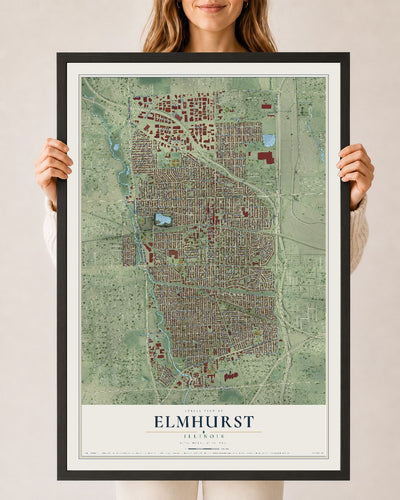 Map of Elmhurst, Illinois, 24 x 36 inch print in a black wood frame
