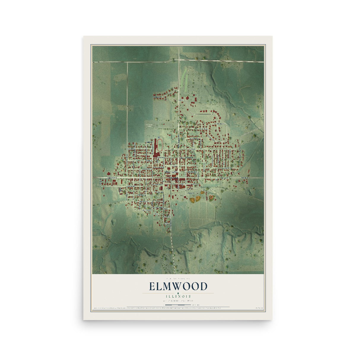 Map of Elmwood, Illinois, 12 x 18 inch unframed archival matte print