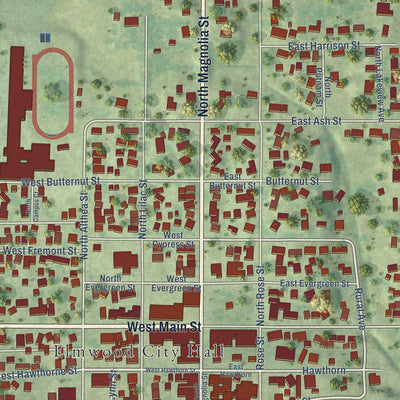 Close-up of the map of Elmwood, Illinois print showing street and building detail